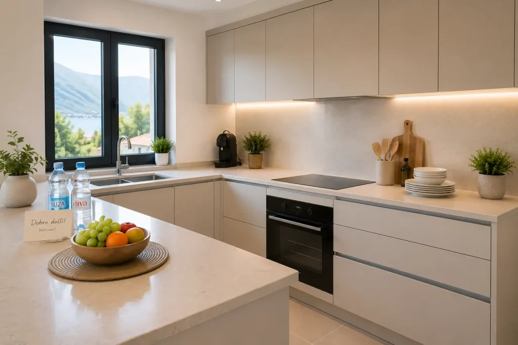 Uredna kuhinja apartmana pripremljena za nove goste — čišćenje između rezervacija